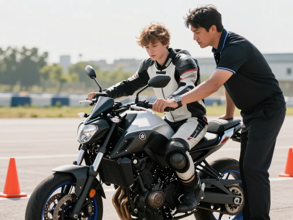 Un élève concentré lors d'une leçon de conduite sur une moto Yamaha MT-07 avec son instructeur sur un plateau de formation.
