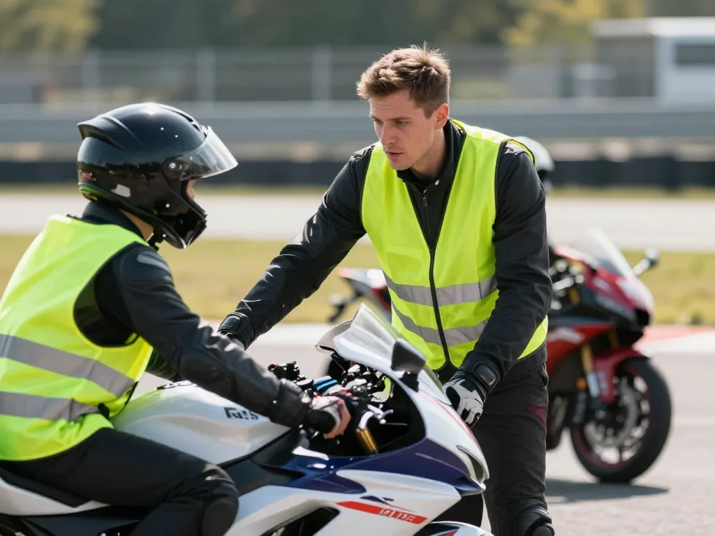 Un moniteur de moto-école guidant un élève sur une piste d'entraînement pour une formation intensive au permis de conduire.