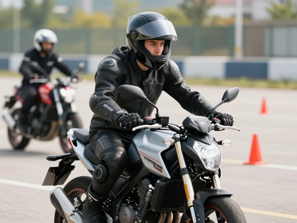 Jeune motard en formation sur une moto 125cc portant un équipement de protection complet lors d'un exercice sur plateau.