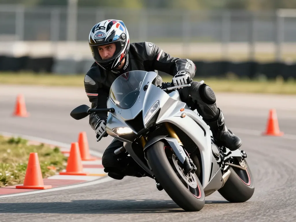 Un motard en plein exercice de freinage d'urgence sur une piste d'entraînement avec des plots orange durant un stage intensif.