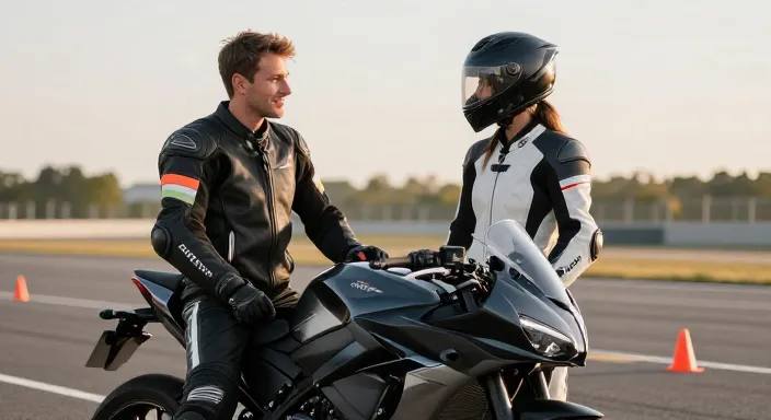Un moniteur de moto-école et une élève en équipement de protection discutant à côté d'une moto moderne sur une piste d'entraînement.