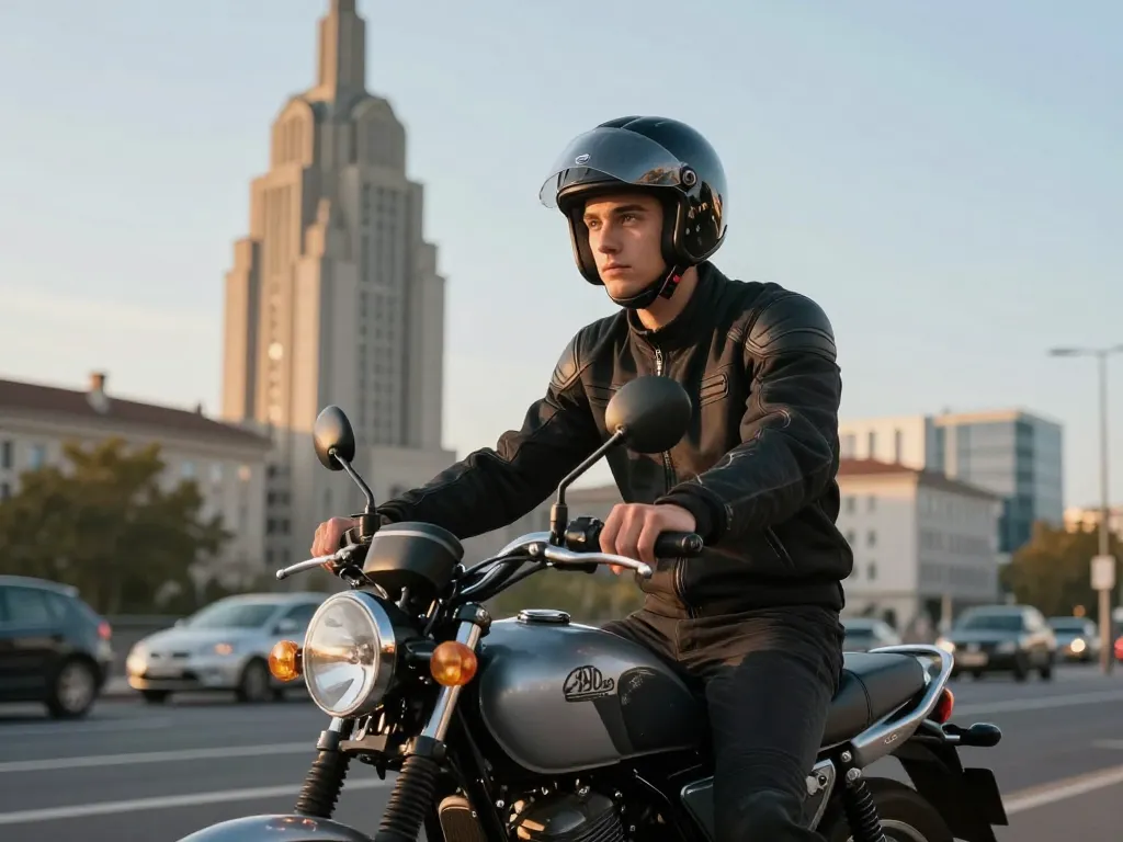 Jeune motard en formation permis A1 sur sa moto 125 cm3 circulant dans le quartier des Gratte-Ciel à Villeurbanne.