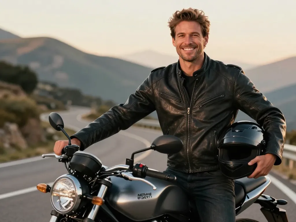 Portrait de Julien souriant avec sa nouvelle moto sur une route de montagne pour son témoignage de réussite au permis A.
