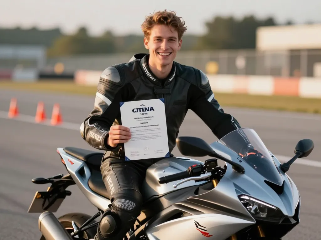Jeune motard souriant sur sa moto après avoir réussi l'examen final du permis A2, tenant son certificat de réussite.