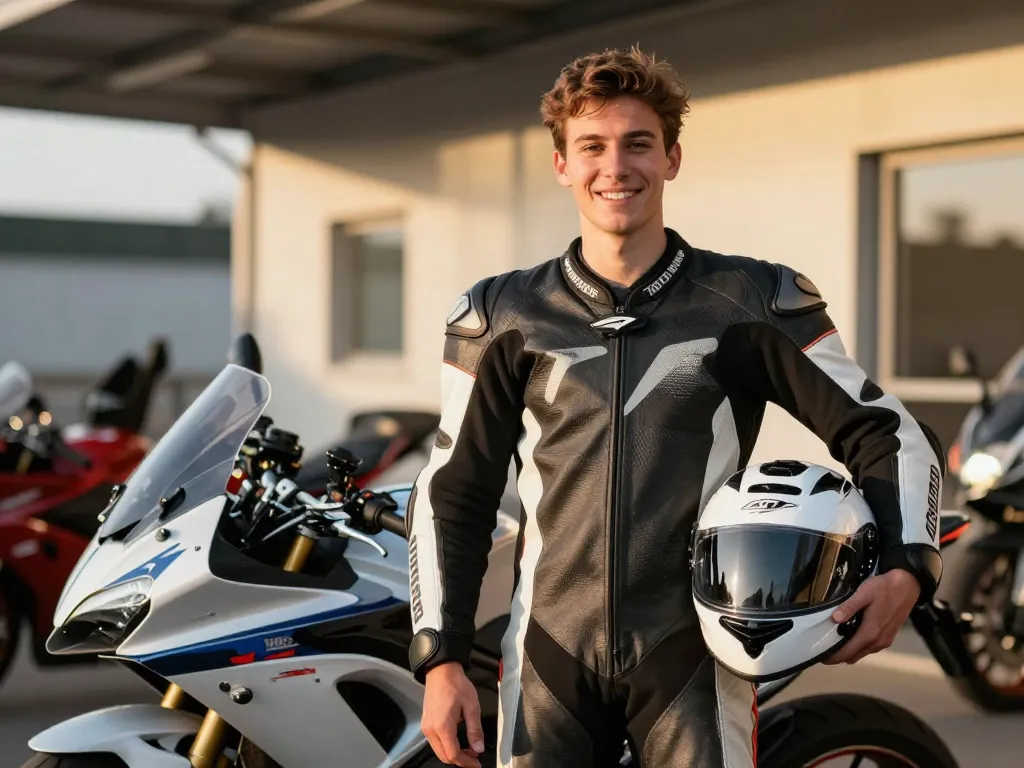 Portrait de Nicolas, un jeune motard souriant tenant son casque à côté d'une moto-école après sa formation à Lyon.